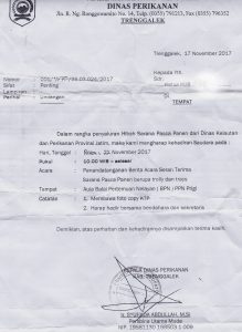 Surat undangan Dinas Kelautan dan Perikanan Kab Trenggalek prihal penyerahan bantuan untuk nelayan Prigi