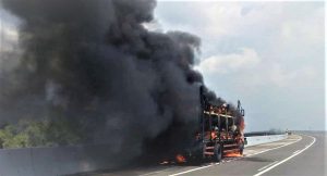 Truk Muat 39 Sepeda Motor Bekas Terbakar Di Tol Nganjuk, Muatan Ludes Terbakar