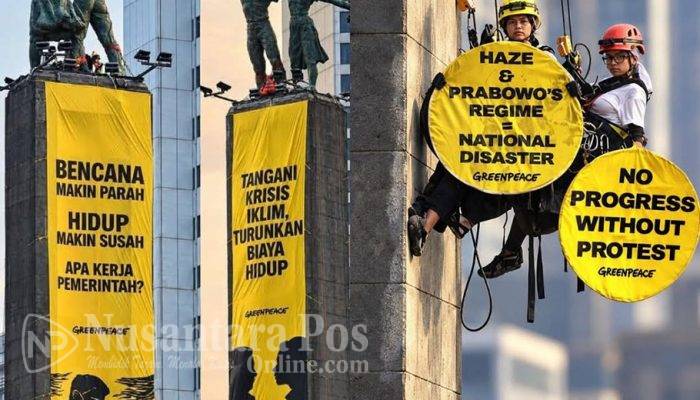 Protes Krisis Iklim dan Biaya Hidup, Aktivis Greenpeace Panjat Patung Selamat Datang Bundaran HI